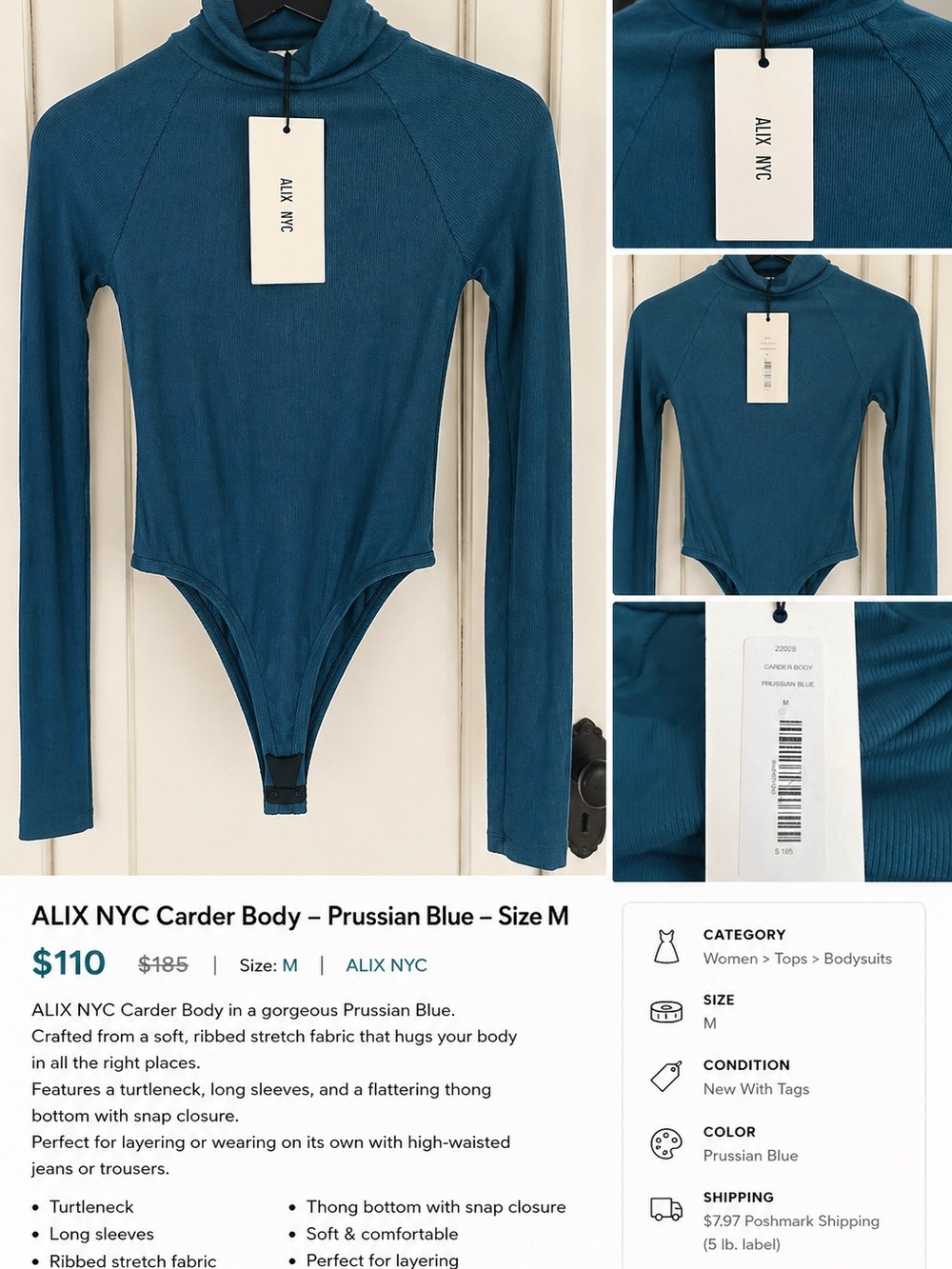 ALIX NYC Prussian Blue Ribbed Turtleneck Bodysuit
